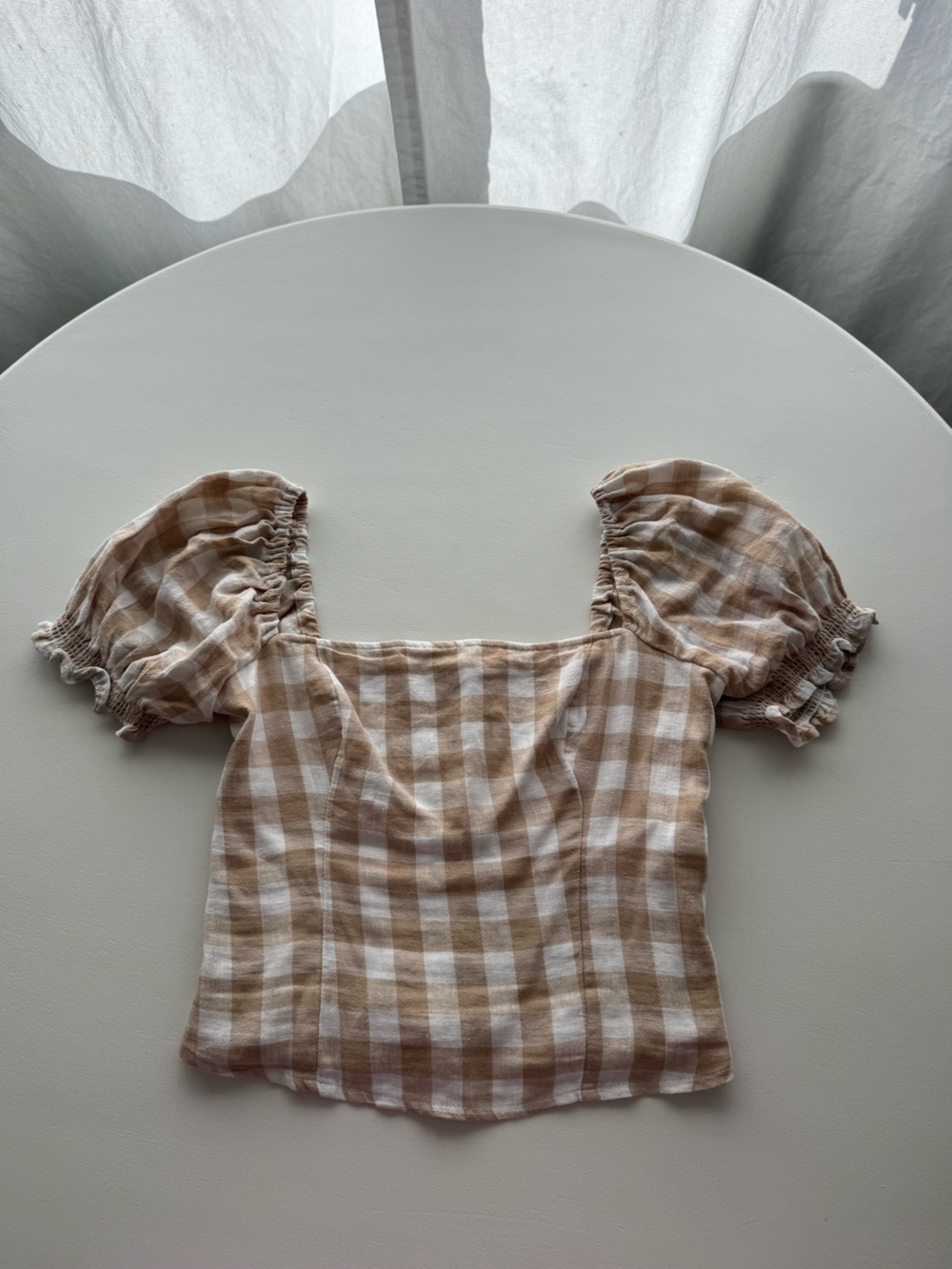 Abercrombie & Fitch Tan and White Gingham Puff-Sleeve Top